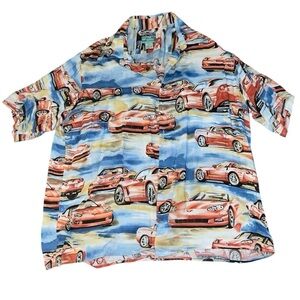 Vintage reyn spooner corvette sports car Hawaiian shirt tropical vacation
